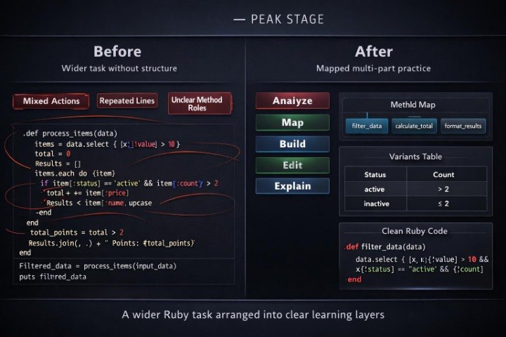 Before and after comparison of a wider Ruby task being mapped into clear learning layers.