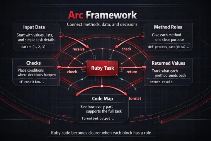 Diagram of the Arc Framework with Ruby Task and method roles on a dark background