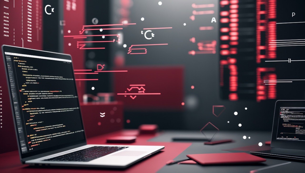 Laptop with code on screen in a futuristic, tech-themed room with red and black color scheme.
