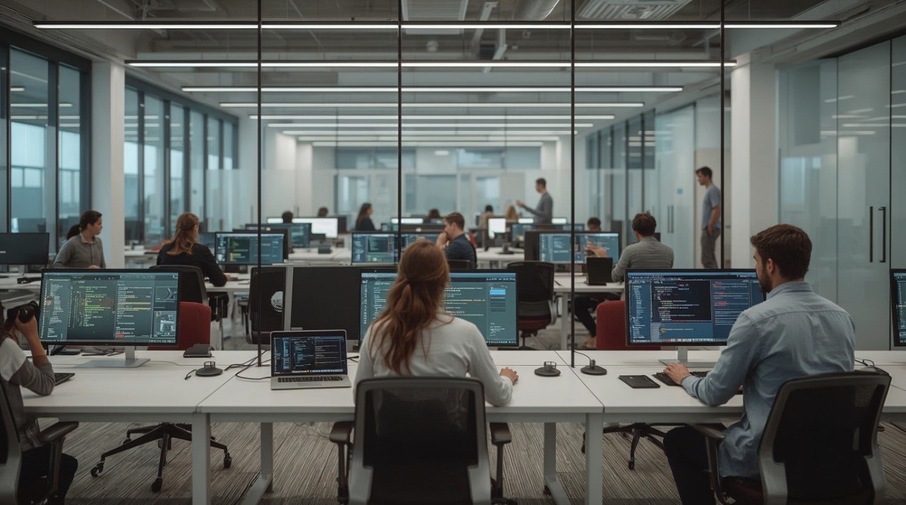 People working at computers in a modern office setting with large glass walls.