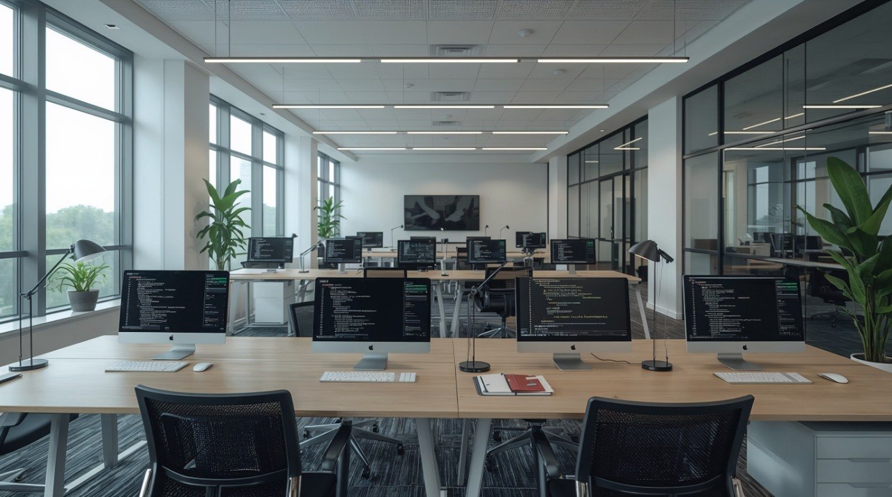 Modern office with large windows, desks, chairs, and computer monitors.