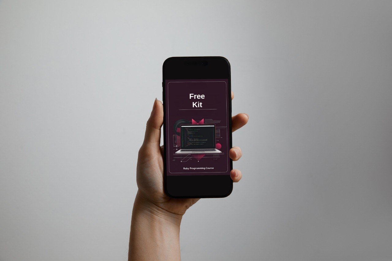 Hand holding a smartphone with an app interface on a gray background