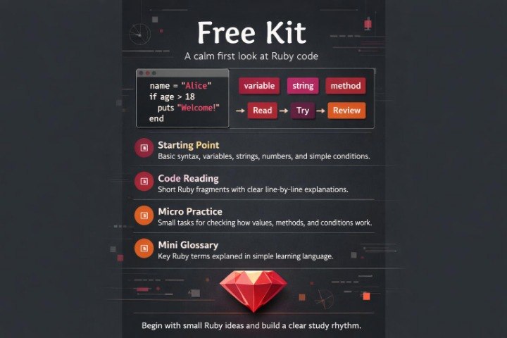 Free Ruby code learning kit with text and a red gem icon on a dark background