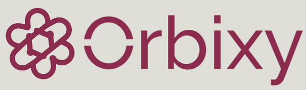 Orbixy logo with stylized flower design on a beige background