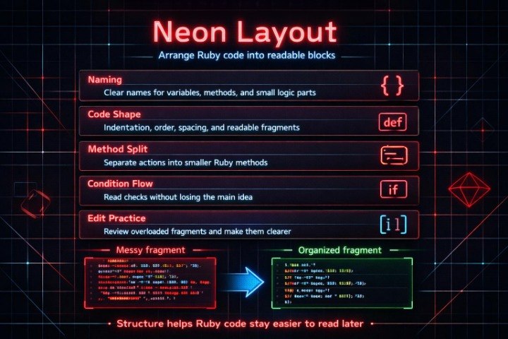 Neon layout guide for arranging Ruby code with text and icons on a dark background.