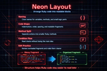 Neon layout guide for arranging Ruby code with text and icons on a dark background.
