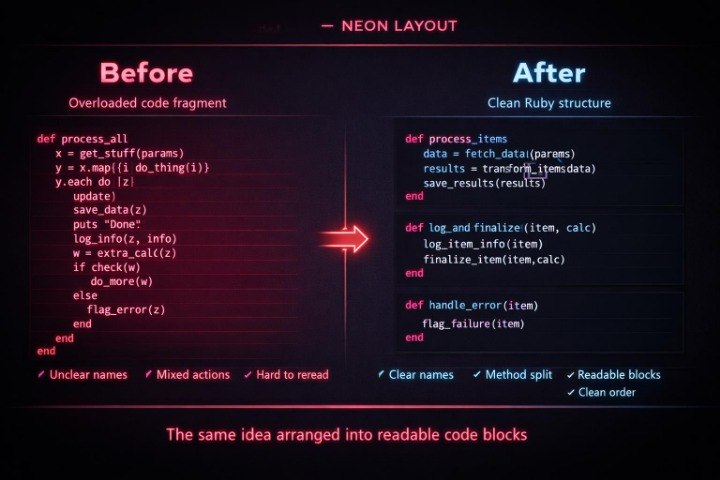 Comparison of overloaded code fragment before and after cleaning up Ruby structure with clear names, method split, and readable blocks.