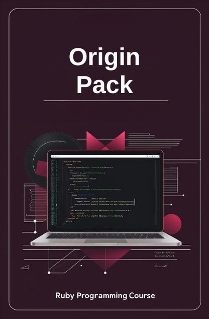 Laptop with code on screen on a dark background with 'Origin Pack' text