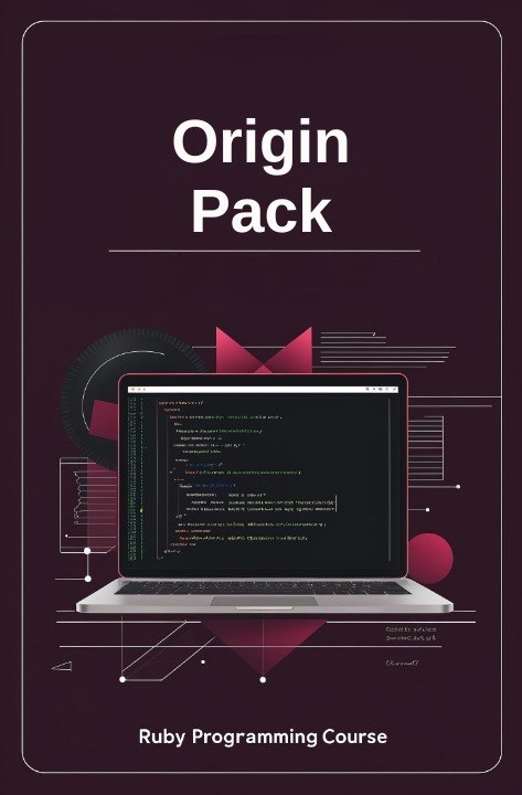 Laptop with code on screen on a dark background with 'Origin Pack' text