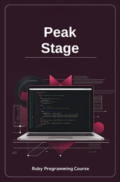 Laptop with code on screen against a dark background with 'Peak Stage' text