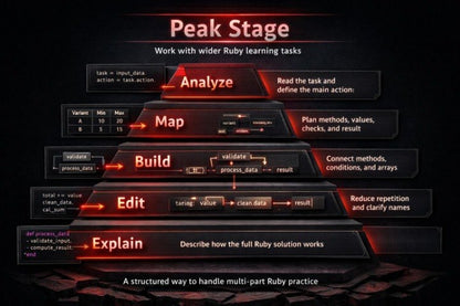 Pyramid diagram of Ruby programming tasks with stages like Analyze, Map, Build, etc.
