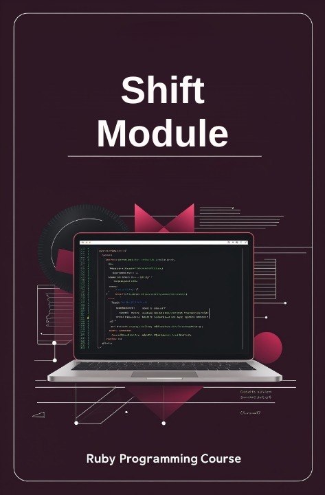 Laptop with code on a dark background with 'Shift Module' text