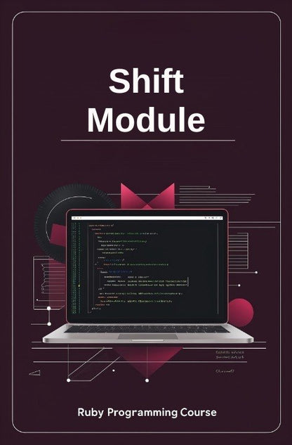 Laptop with code on a dark background with 'Shift Module' text