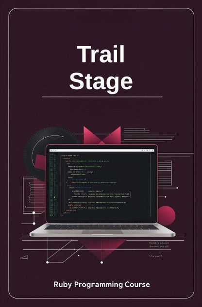 Laptop with code on screen on a dark background with 'Trail Stage' text