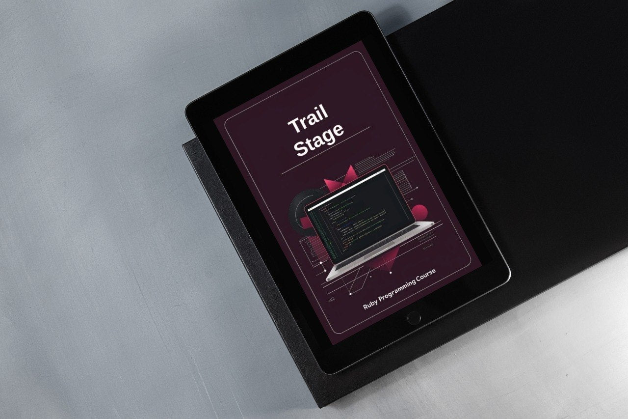 Tablet displaying a 'Trail Stage' screen on a gray surface