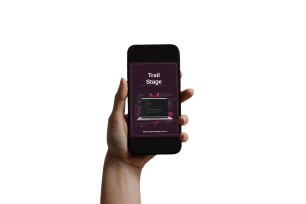 Hand holding a smartphone displaying an app interface on a white background