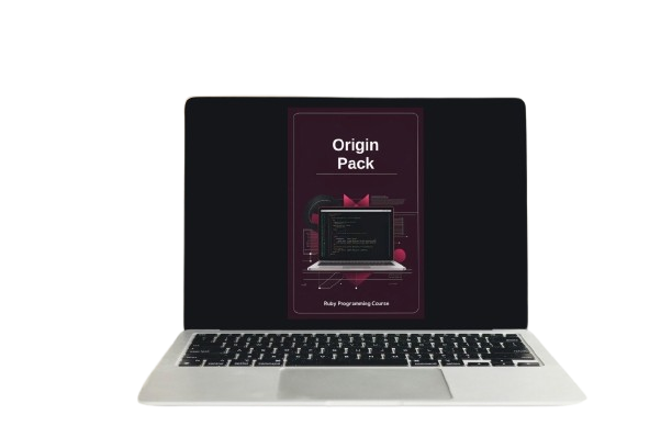 Laptop displaying an 'Origin Pack' software interface on a white background